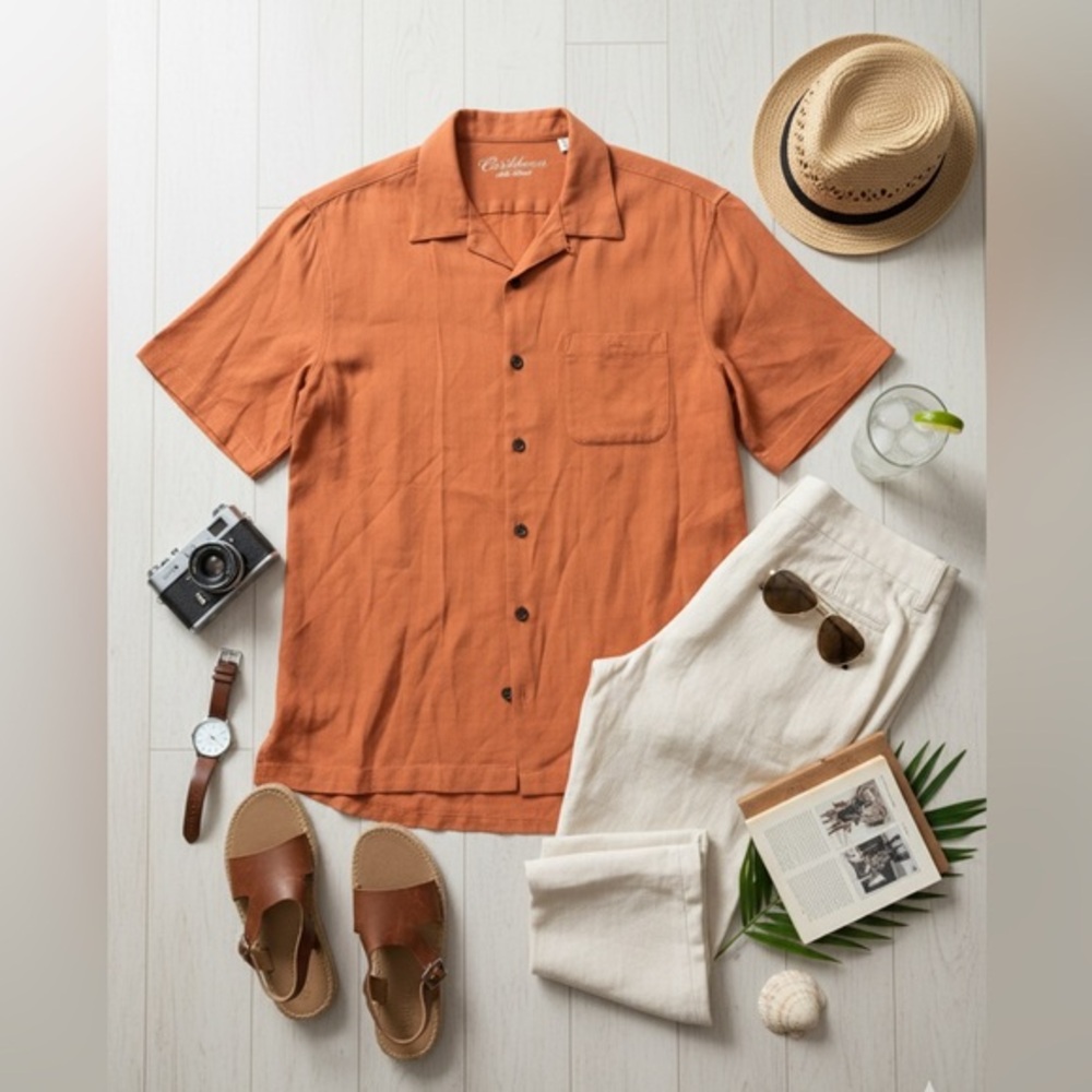 Caribbean‎ Men's Silk Blend Short Sleeve Button-Down Shirt - Coral Orange VGUC